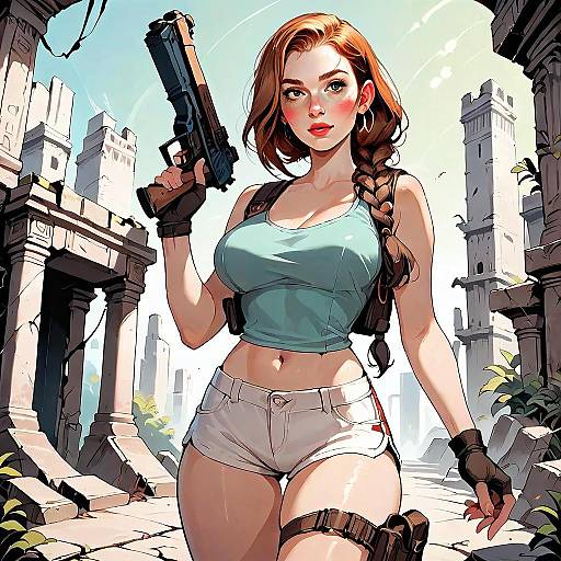 Stylized Action Hero Woman with Handgun in Ancient Ruins Digital Illustration