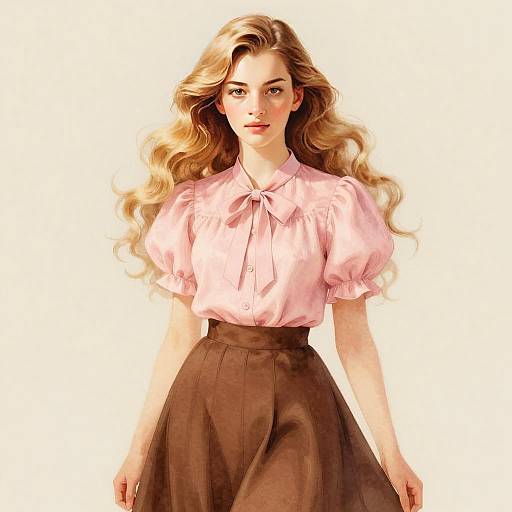 Young Woman in Vintage Style Pink Blouse and Brown Skirt Portrait