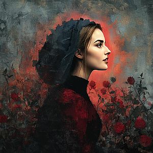 Digital Portrait of Woman in Hood with Red Roses Artistic Illustration