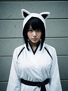 Sexy Cosplay Woman in Nakime Costume with Cat Ear Hood