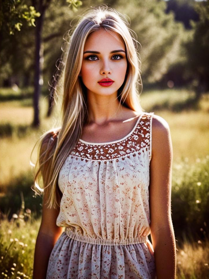 Elegant Young Woman in Floral Dress in Sunlit Field