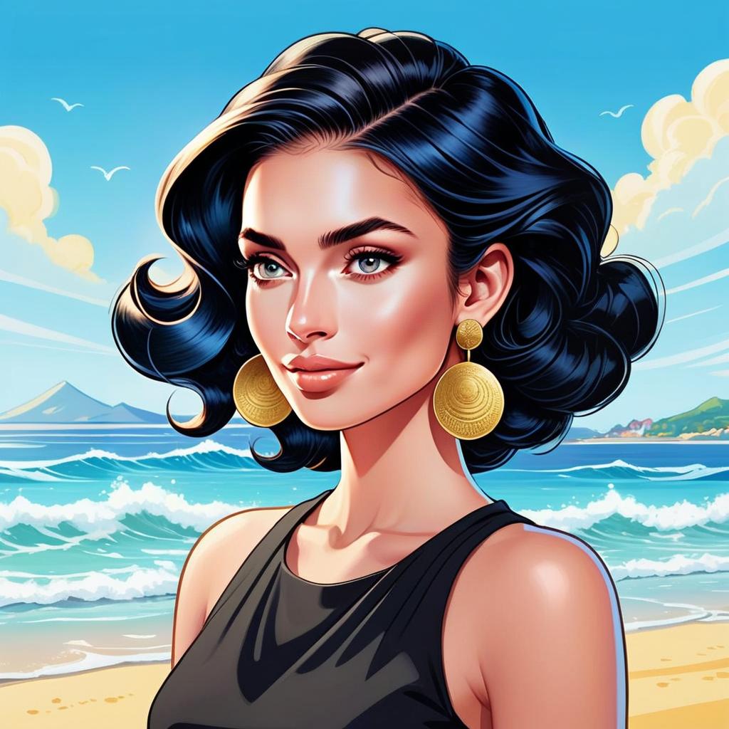 Digital Illustration of Woman with Golden Earrings on Beach Background