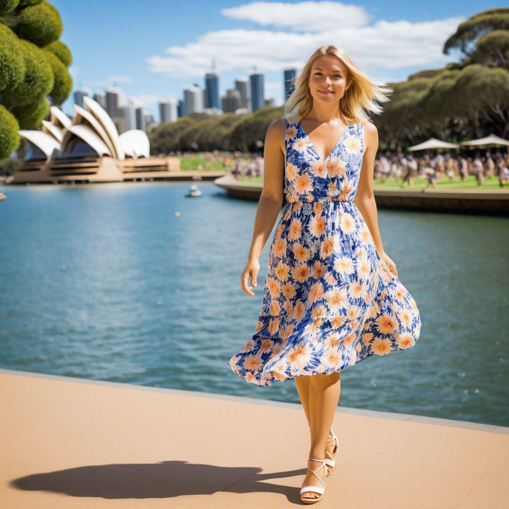 Joyful Woman in Floral Dress at Sydney Waterfront