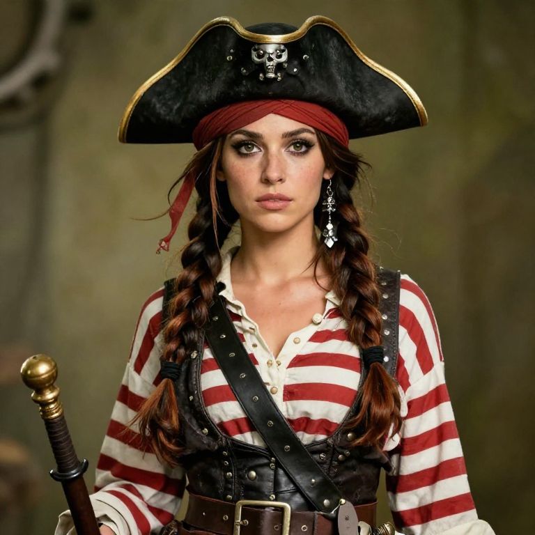 Female Pirate Wearing Tricorn Hat and Leather Vest