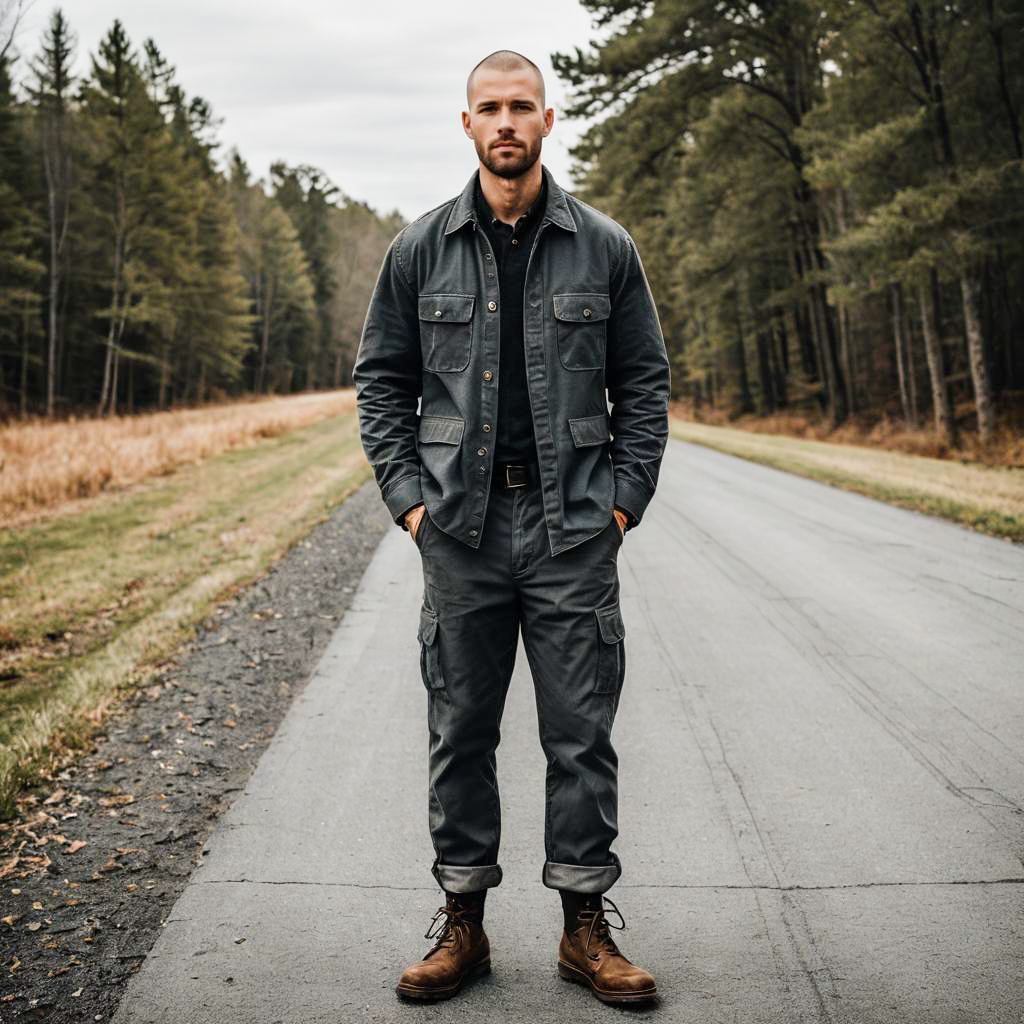 Young Man in Rugged Workwear Standing on Forest Road