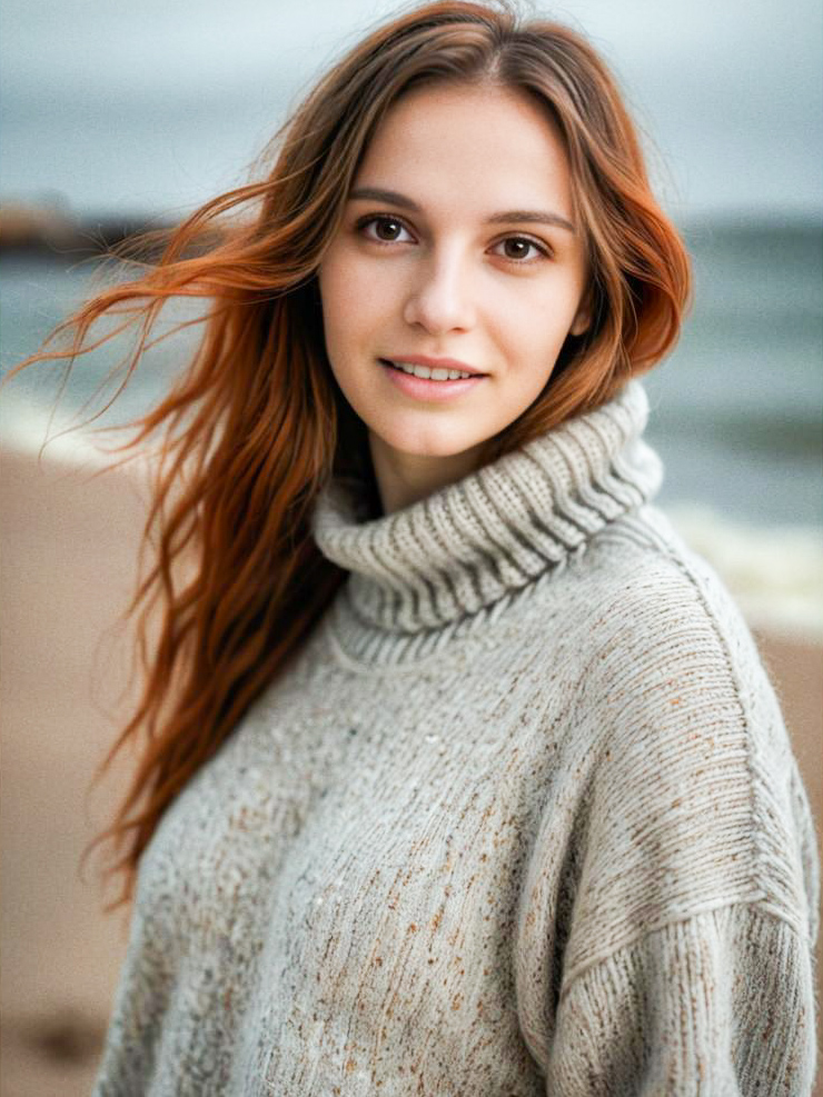 Young Woman in Sweater on Serene Beach