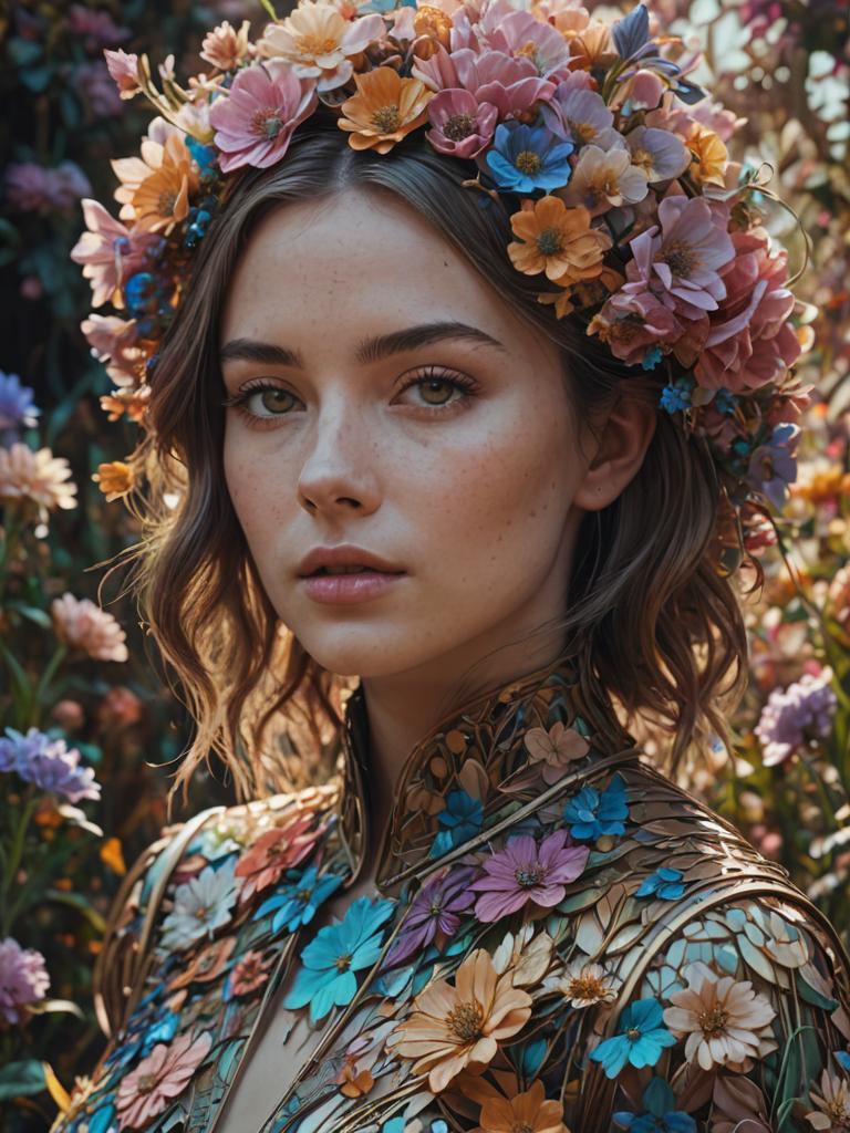 Woman in Floral Crown and Outfit - Surreal Beauty