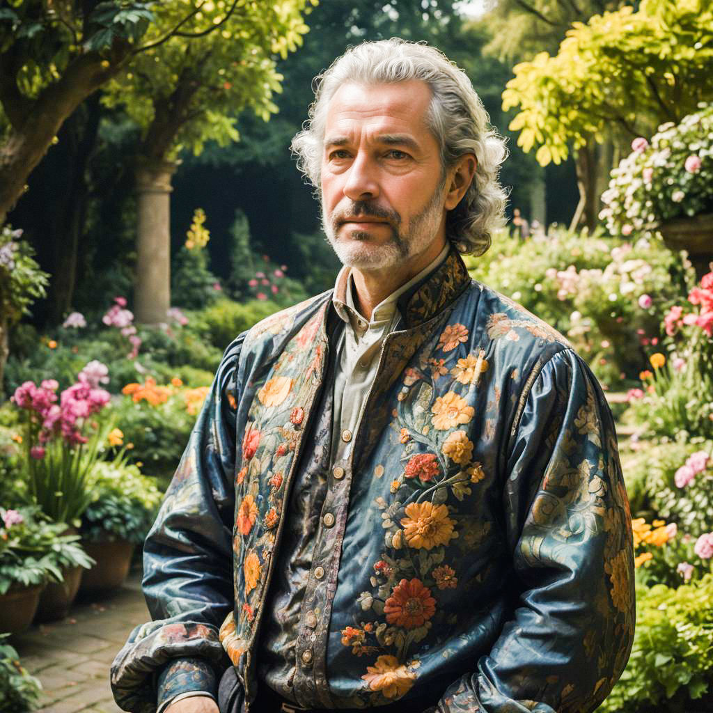 Thoughtful Man in Floral Jacket in Lush Garden