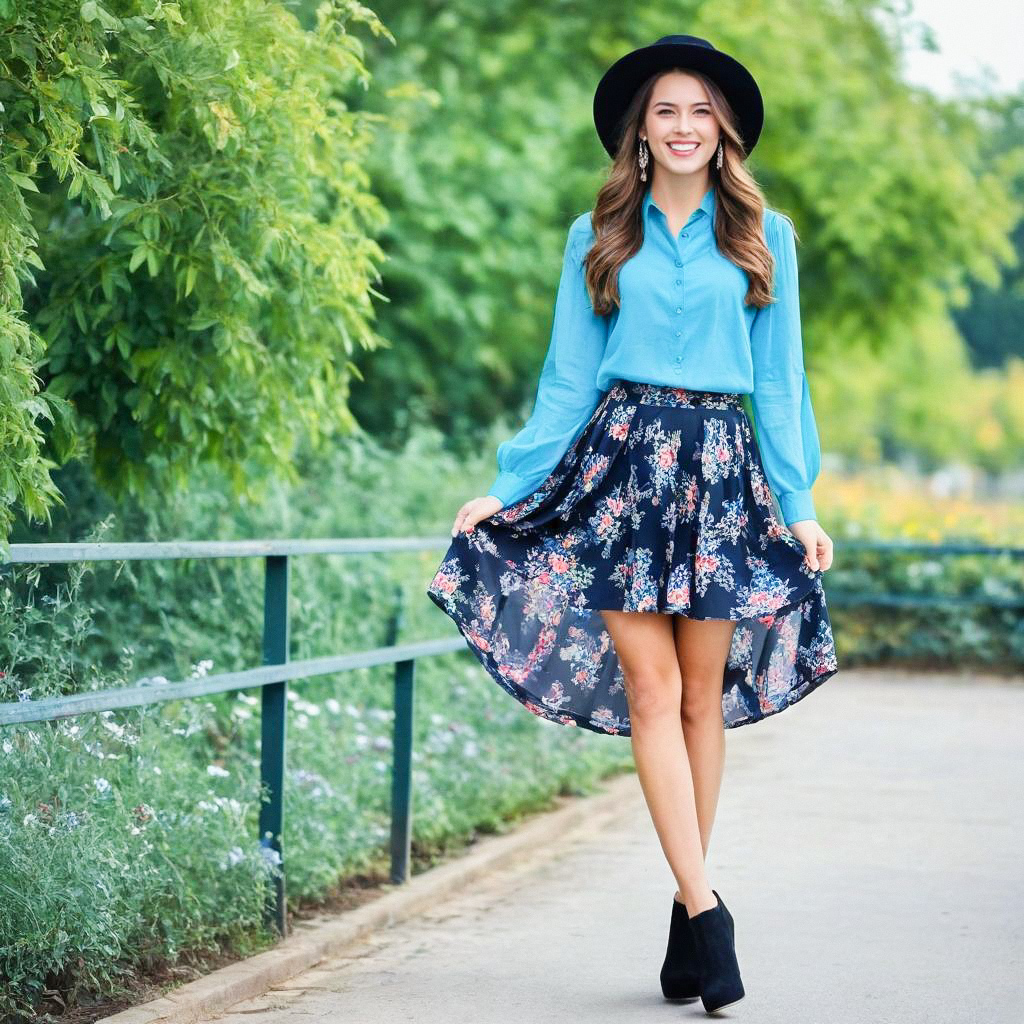 Stylish woman in blue blouse and floral skirt Stylish woman in blue blouse and floral skirt