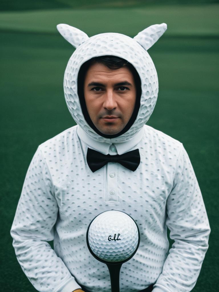 Man in Photorealistic Golf Ball Costume with Bow Tie on Green Background