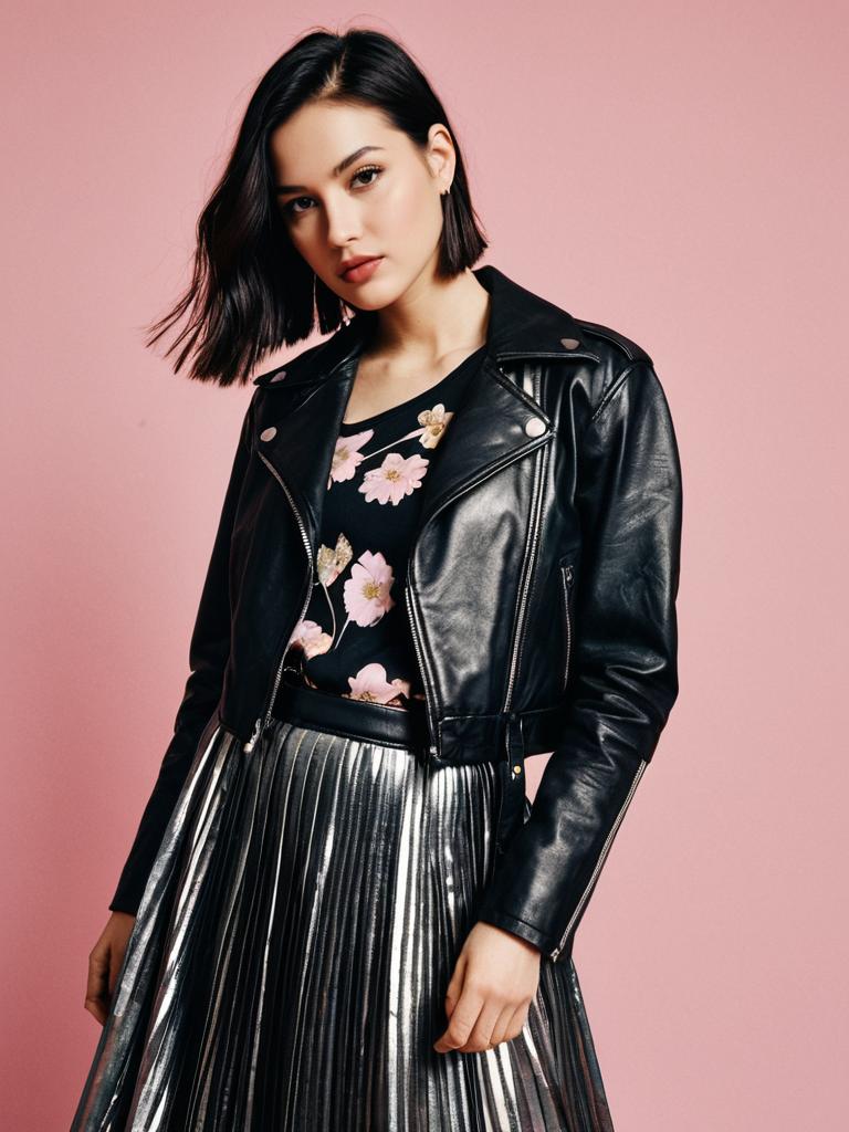 Fashionable Woman Wearing Leather Jacket and Metallic Skirt on Pink Background