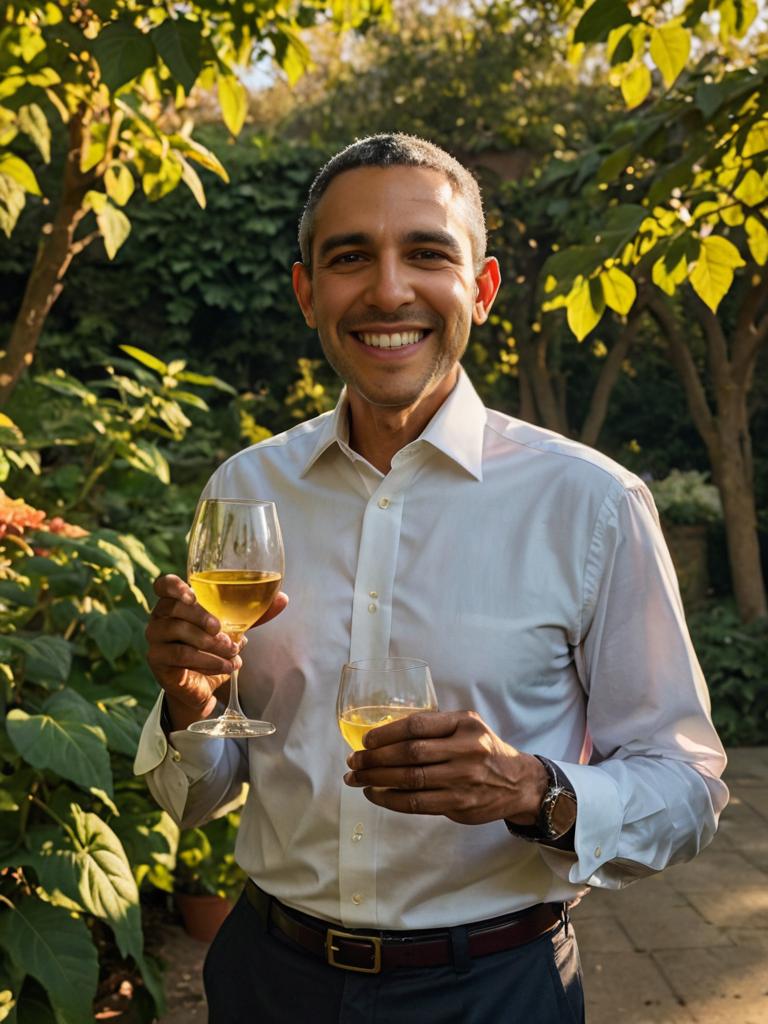 Man Enjoying Wine in Sunlit Garden - Artistic Still Life