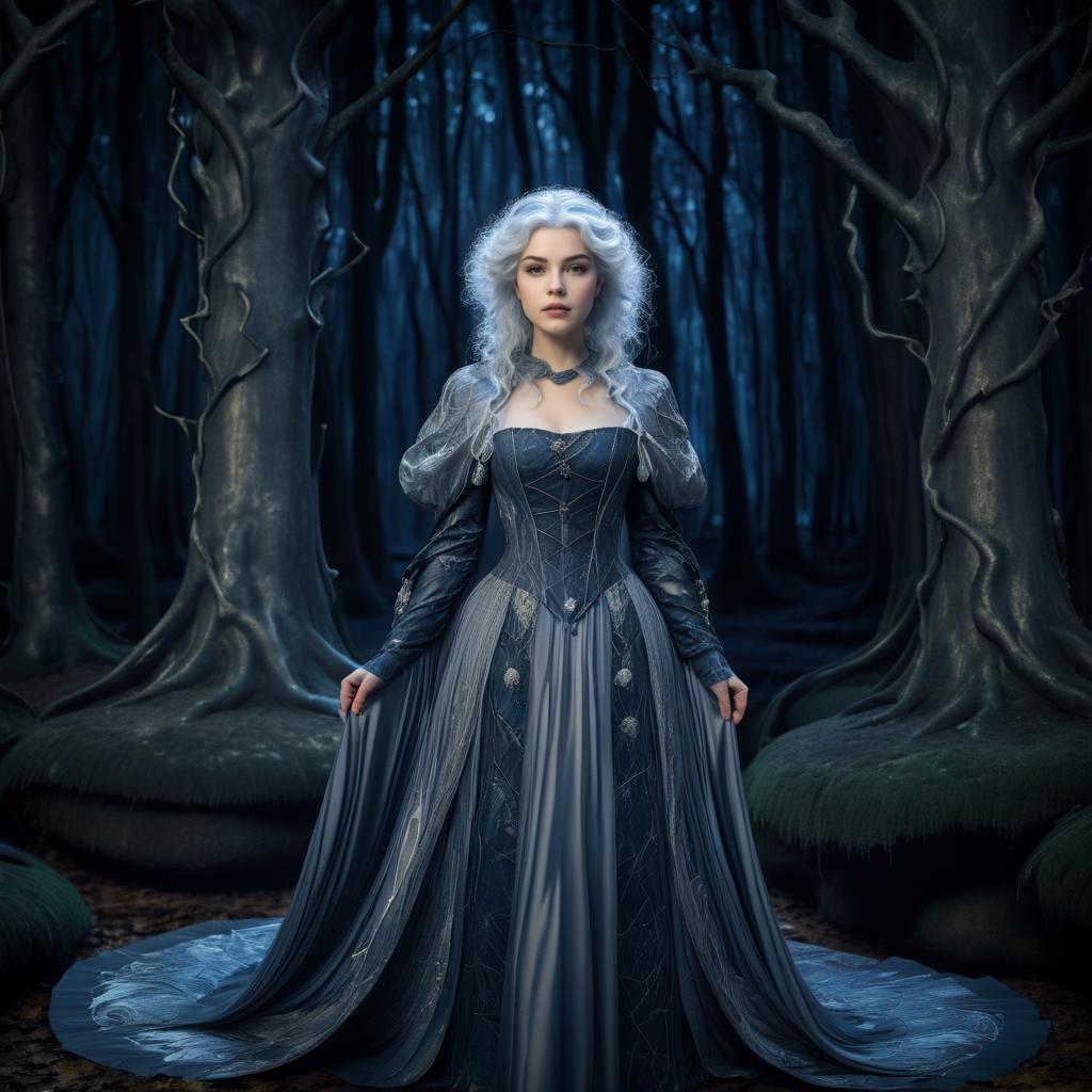 Enchanting Woman in Blue Gown in Forest