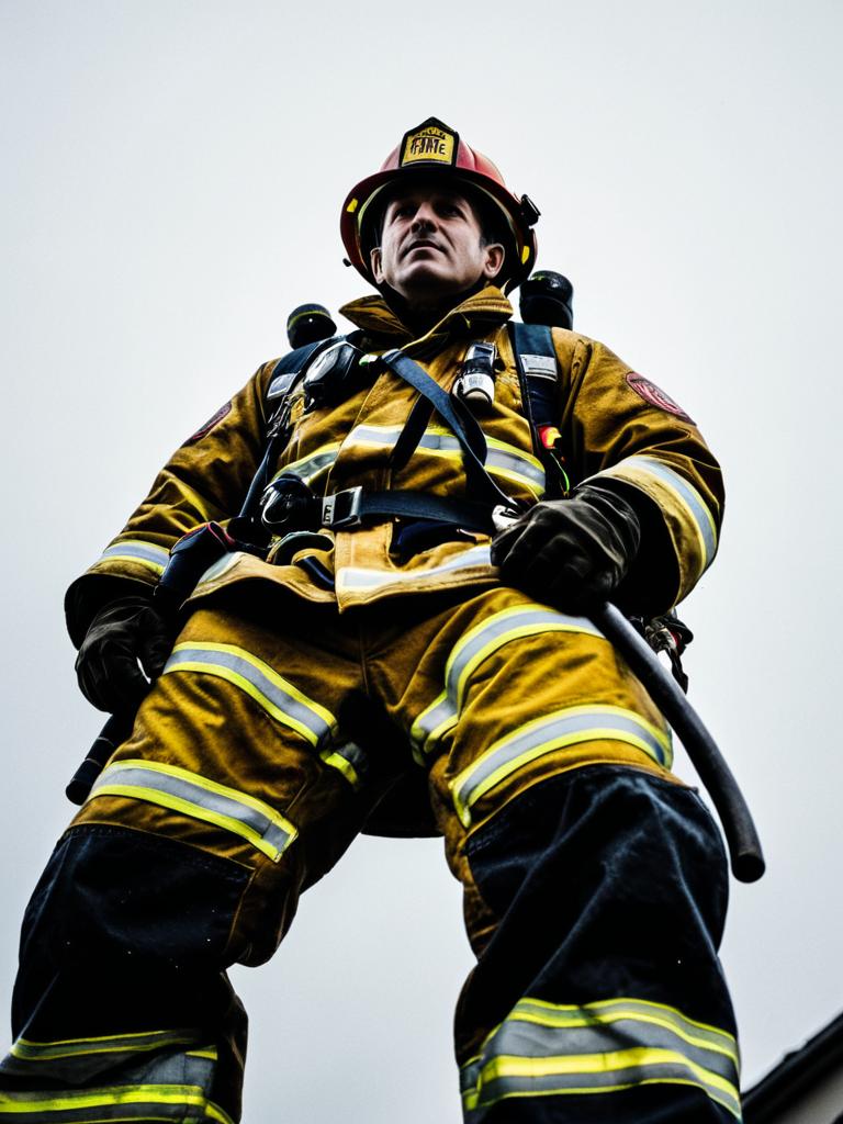 Heroic Firefighter in Full Gear Dramatic Low-Angle Pose
