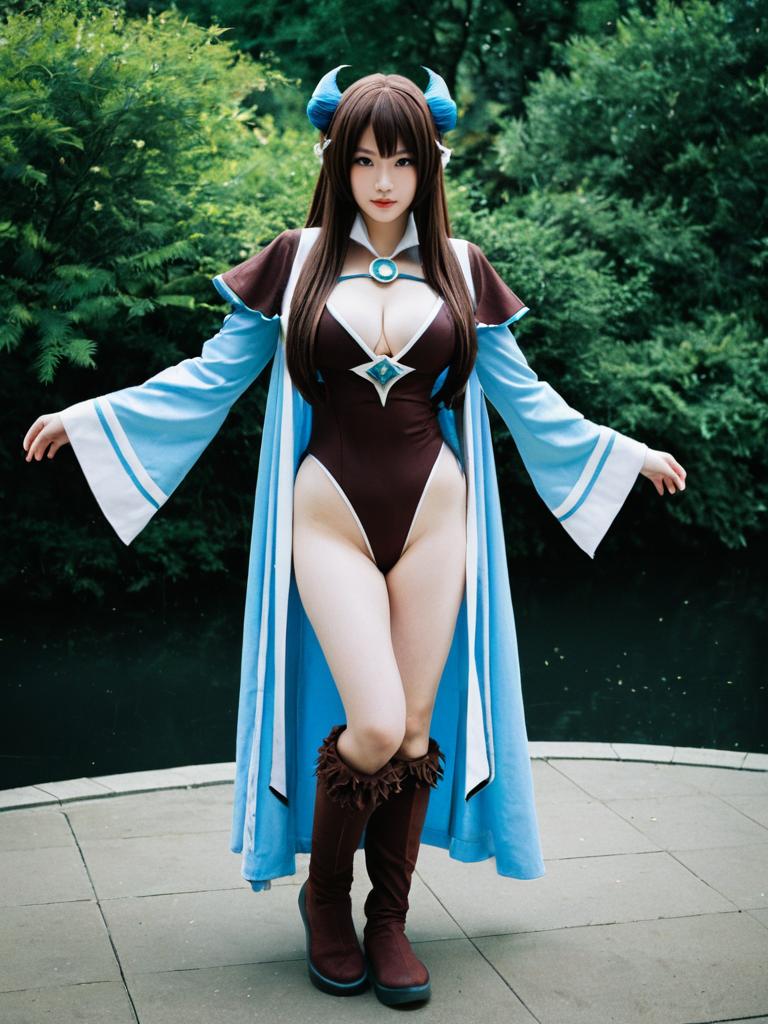 Mouri Ran Cosplay Woman in Brown and Blue Fantasy Costume Outdoors