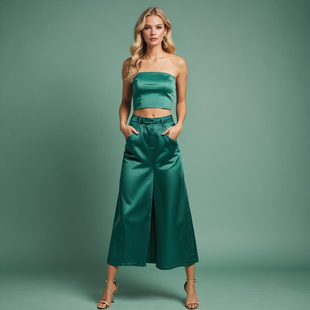 Elegant Woman in Emerald Green Satin Strapless Crop Top and Wide-Leg Pants