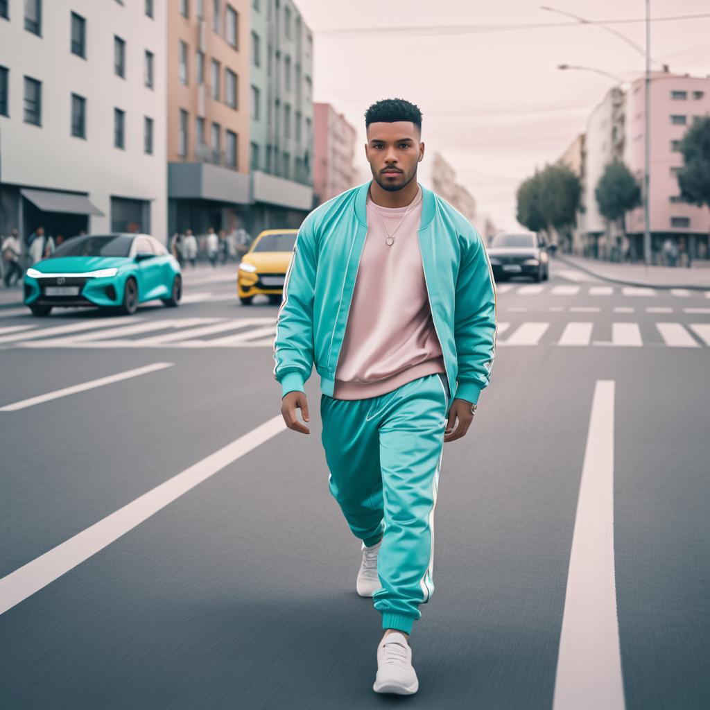 Stylish Young Man in Turquoise Tracksuit on City Street