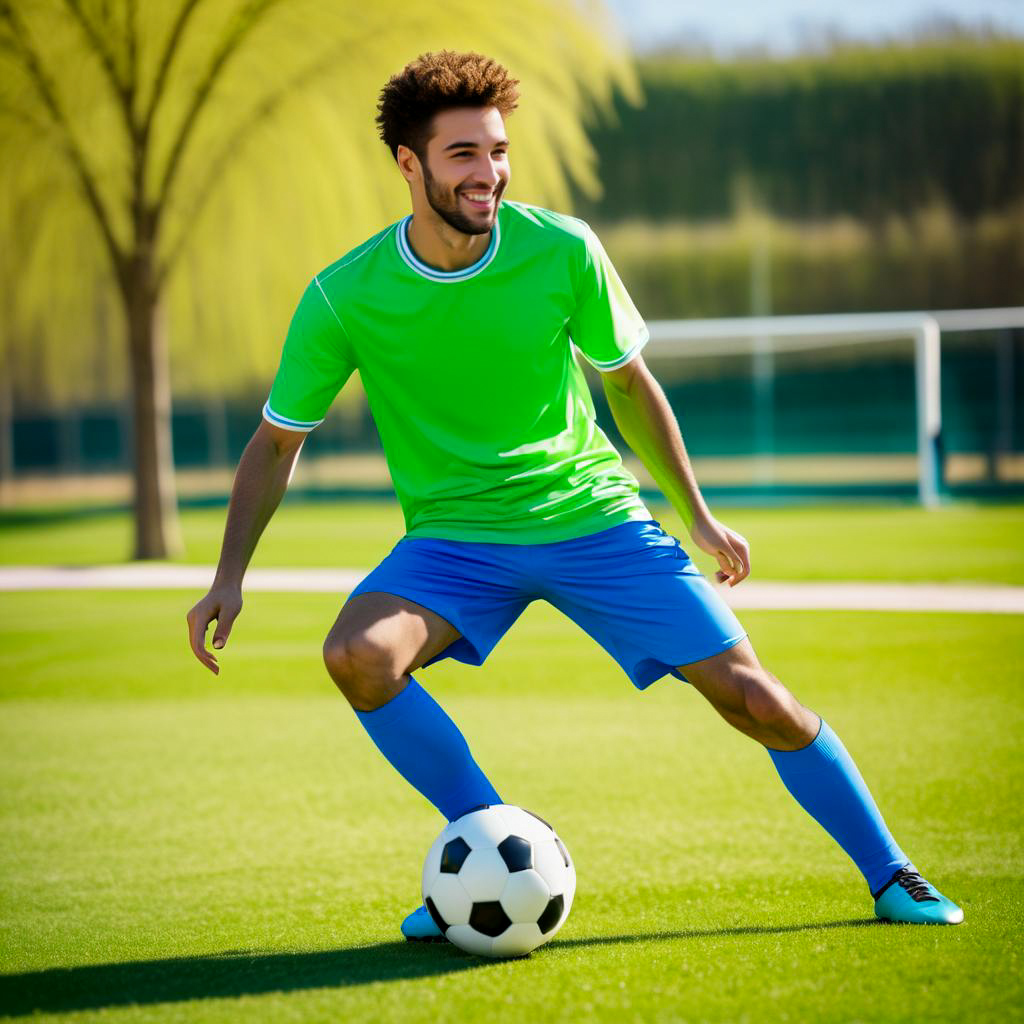 Young man dribbling soccer ball in green jersey