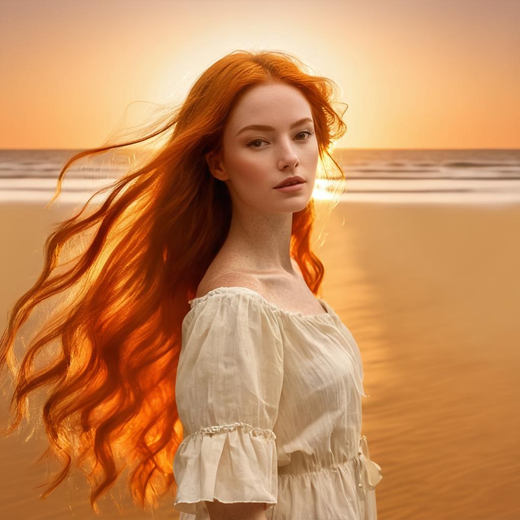 Red-Haired Woman in White Dress on Sunset Beach with Flowing Hair
