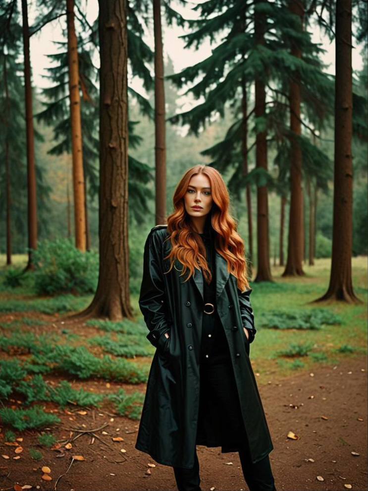 Confident Woman in Forest with Red Hair