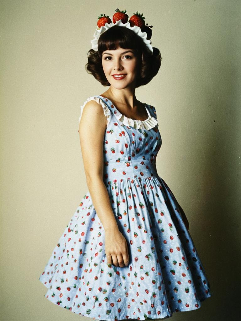 Vintage Woman in Strawberry Pattern Dress with Strawberry Headpiece