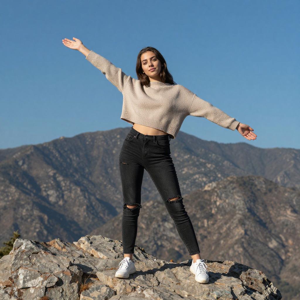 Gen Z Woman Posing on Rocky Mountain Outdoors in Casual Style