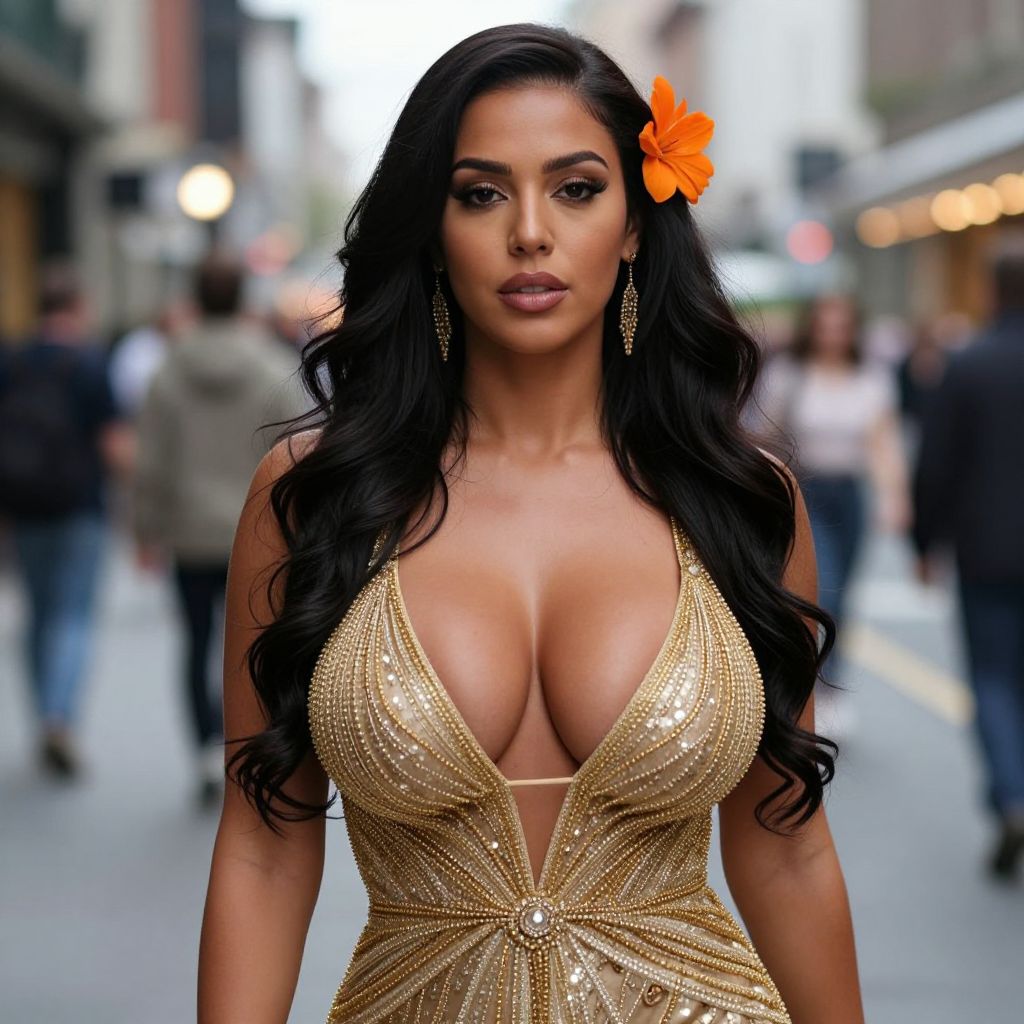 Confident Woman in Elegant Gold Beaded Dress with Orange Flower in Hair Walking in City
