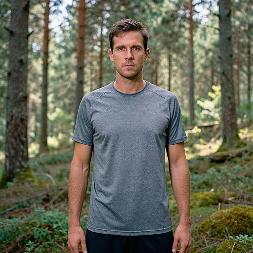 Man in Gray Athletic T-Shirt Standing in Forest