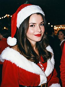 Woman in Santa Suit Costume at Christmas Party with Festive Lights