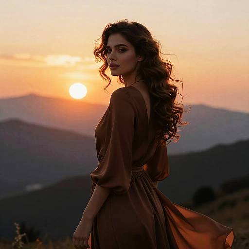 Woman in Brown Dress at Sunset Outdoors with Scenic Hills
