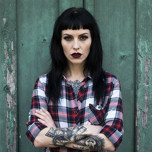 Confident Tattooed Woman in Plaid Shirt Against Weathered Green Door