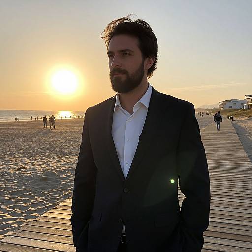 Man in Suit on Beach Boardwalk at Sunset