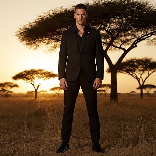 Man in Black Suit Standing in Savanna at Sunset