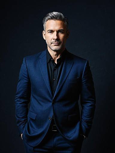 Man in Navy Blue Suit with Black Shirt Photorealistic Studio Portrait