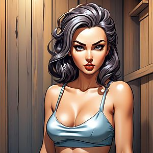 Stylized Anime Woman with Silver Hair and Wooden Background Illustration