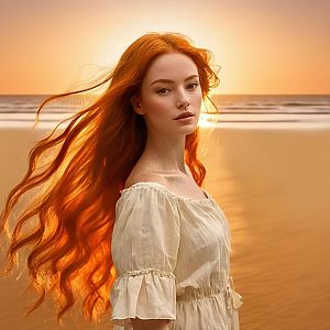 Red-Haired Woman in White Dress on Sunset Beach with Flowing Hair