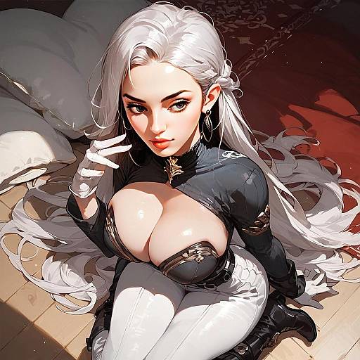 Anime Style Illustration of a Woman with White Hair in Black and White Outfit