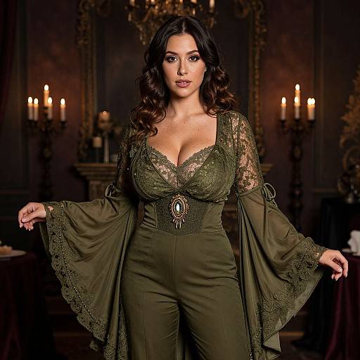 Woman in Olive Green Vintage Lace Dress with Bell Sleeves in Candlelit Room