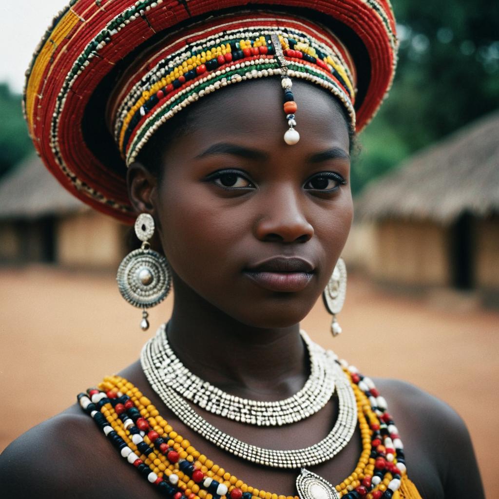 Malian Woman in Traditional Costume with Jewelry and Beaded Headdress