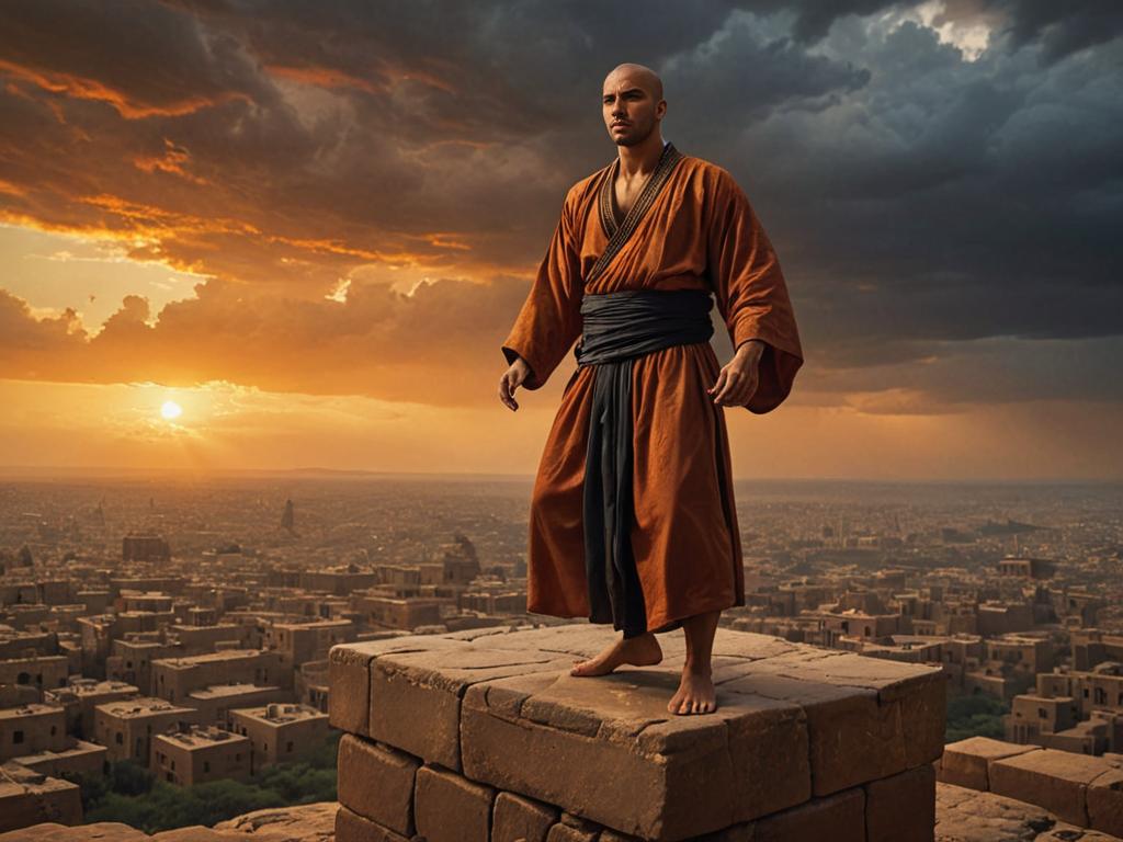 Man in Arabic Kung Fu Attire on Rooftop at Sunset