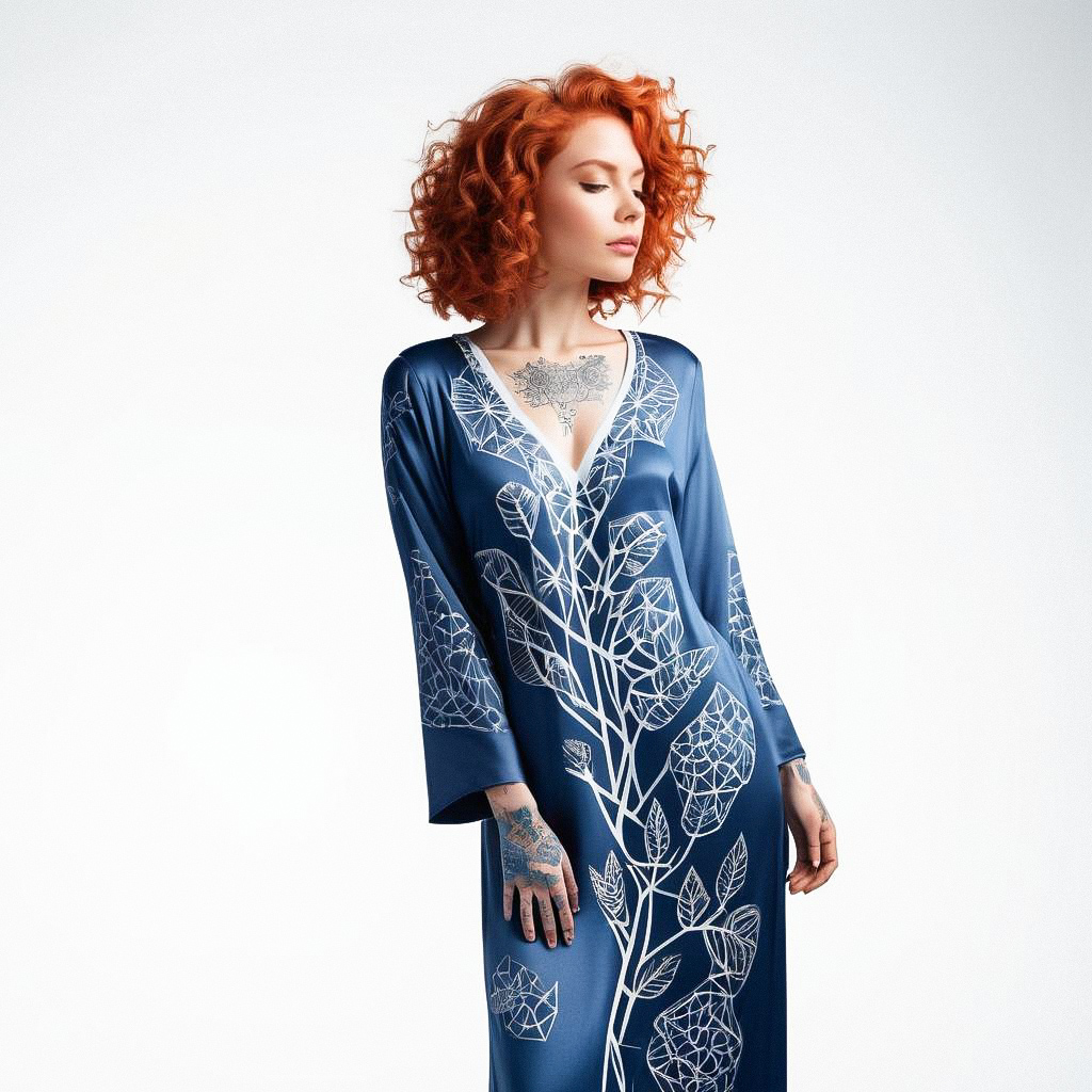 Portrait of a Woman with Red Curly Hair in Blue Floral Garment Portrait of a Woman with Red Curly Hair in Blue Floral Garment