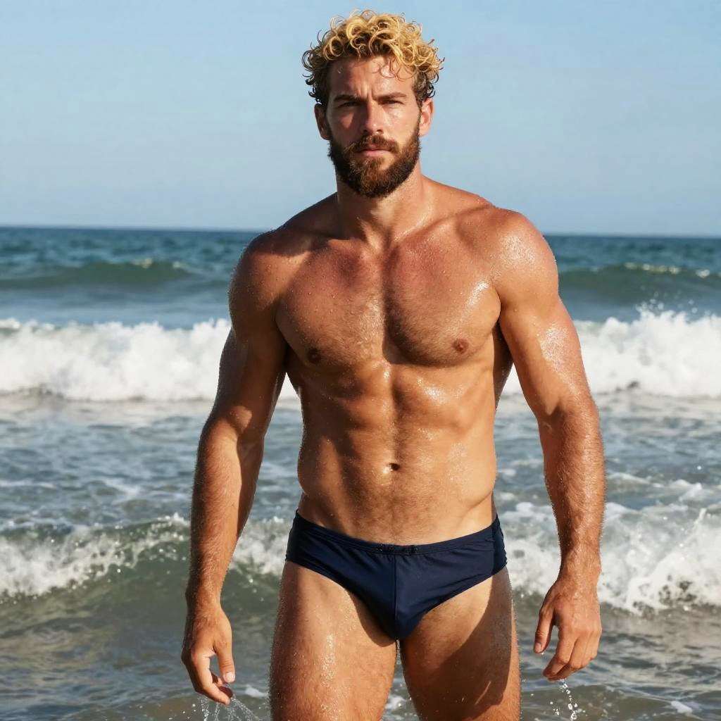 Fit Man in Navy Swim Briefs Standing on Beach by Ocean Waves