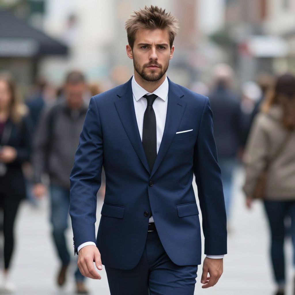 Young Man in Navy Blue Suit Walking in Urban Street