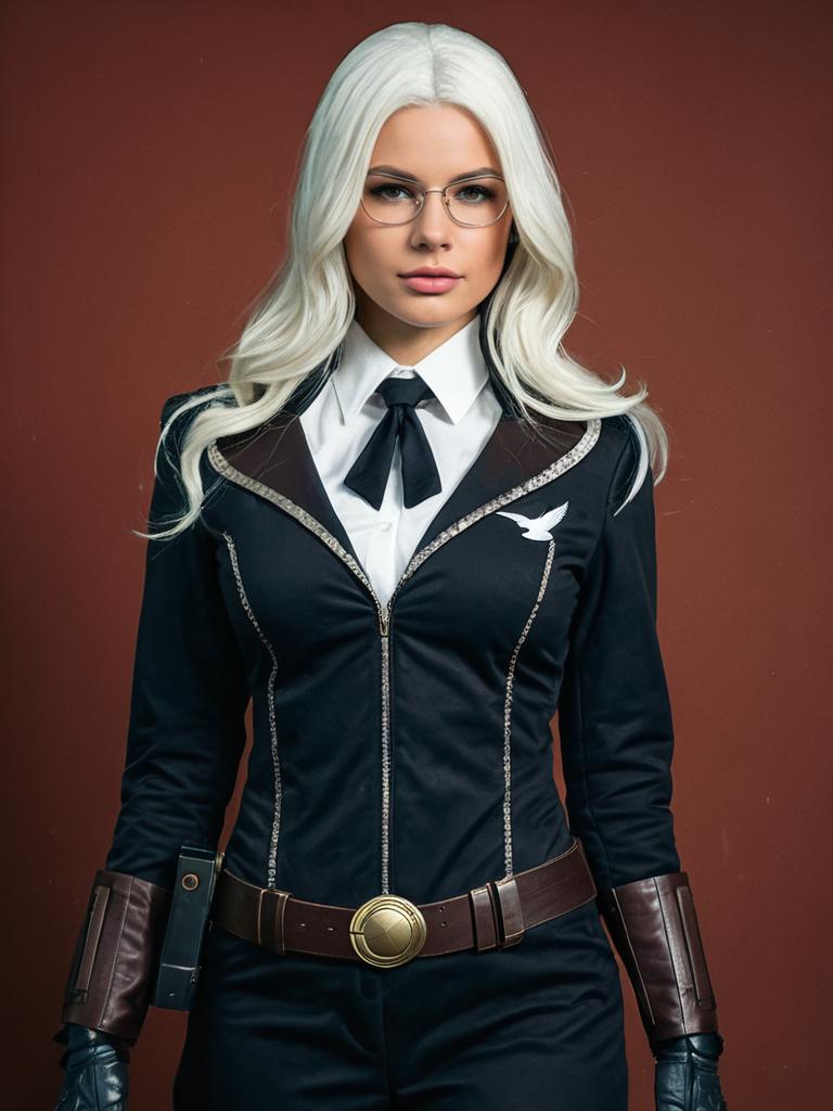Woman in Realistic Mockingbird Cosplay Costume with Glasses