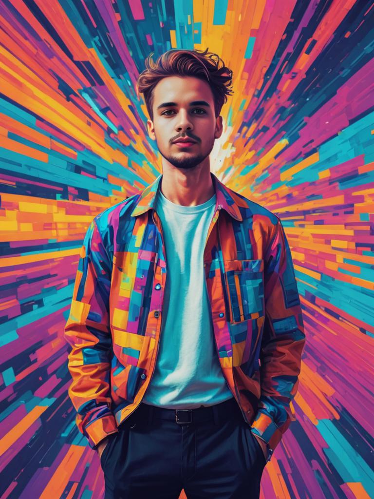 Confident Man in Vibrant Glitch Art