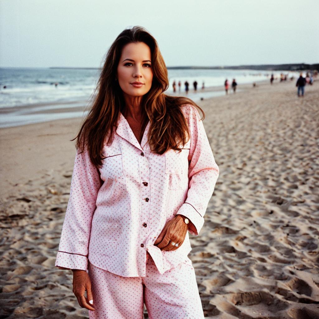 Woman in Pink Pajamas on Beach at Dusk