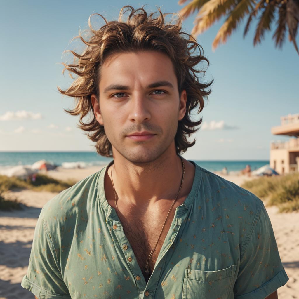 Man on Beach in Light Green Shirt