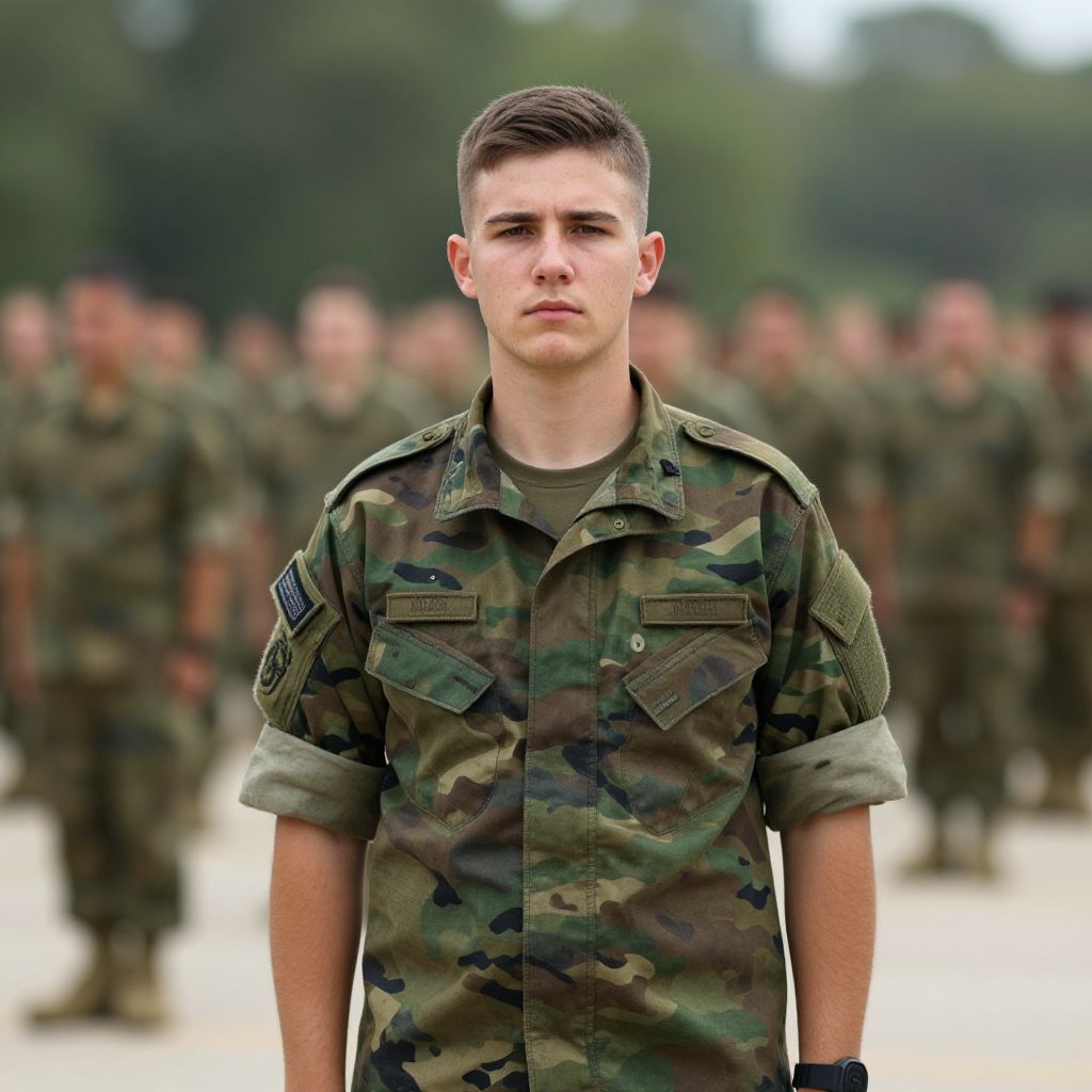 Portrait of Young Male Soldier in Camouflage Uniform Standing with Military Group