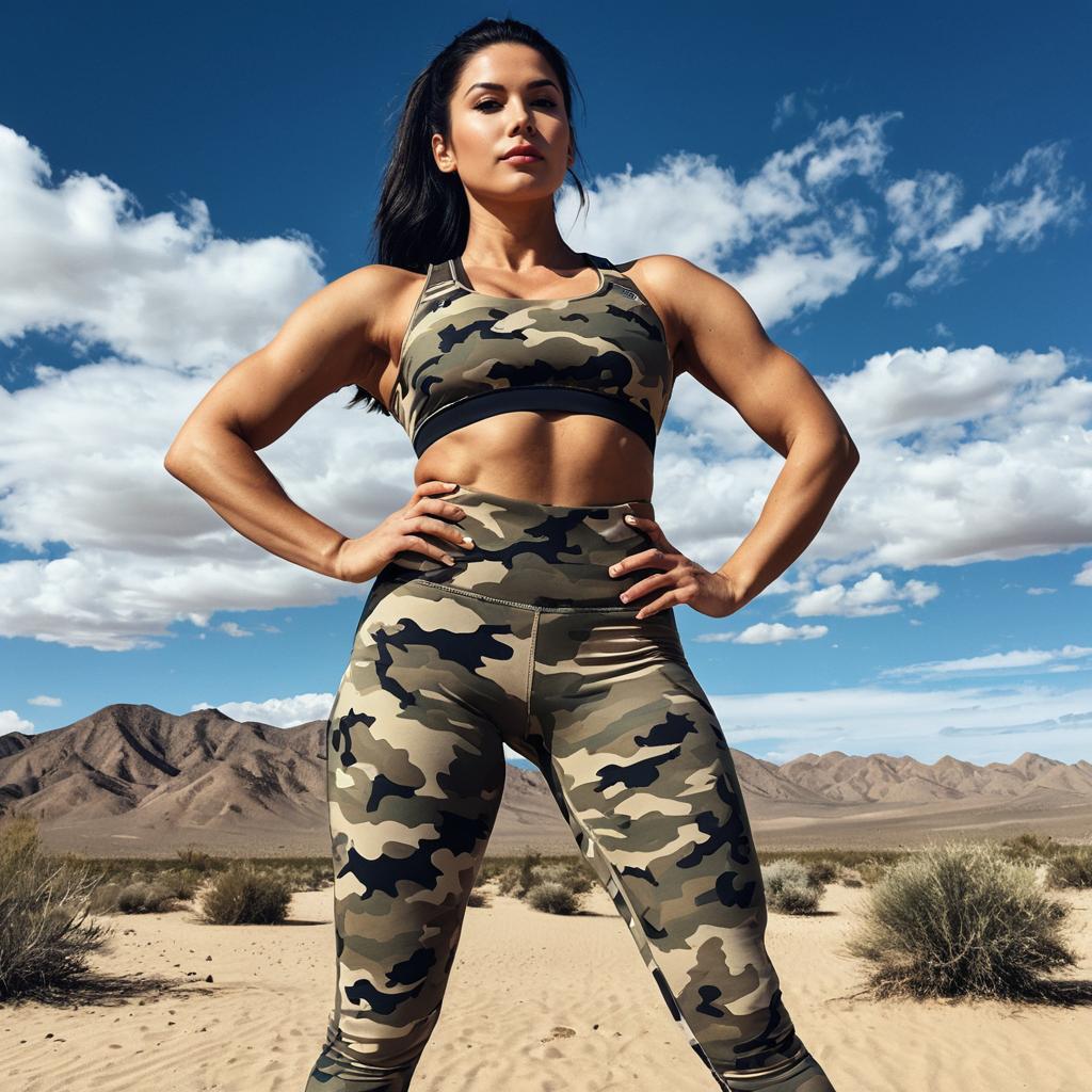 Confident Woman in Camouflage Activewear in Desert Landscape