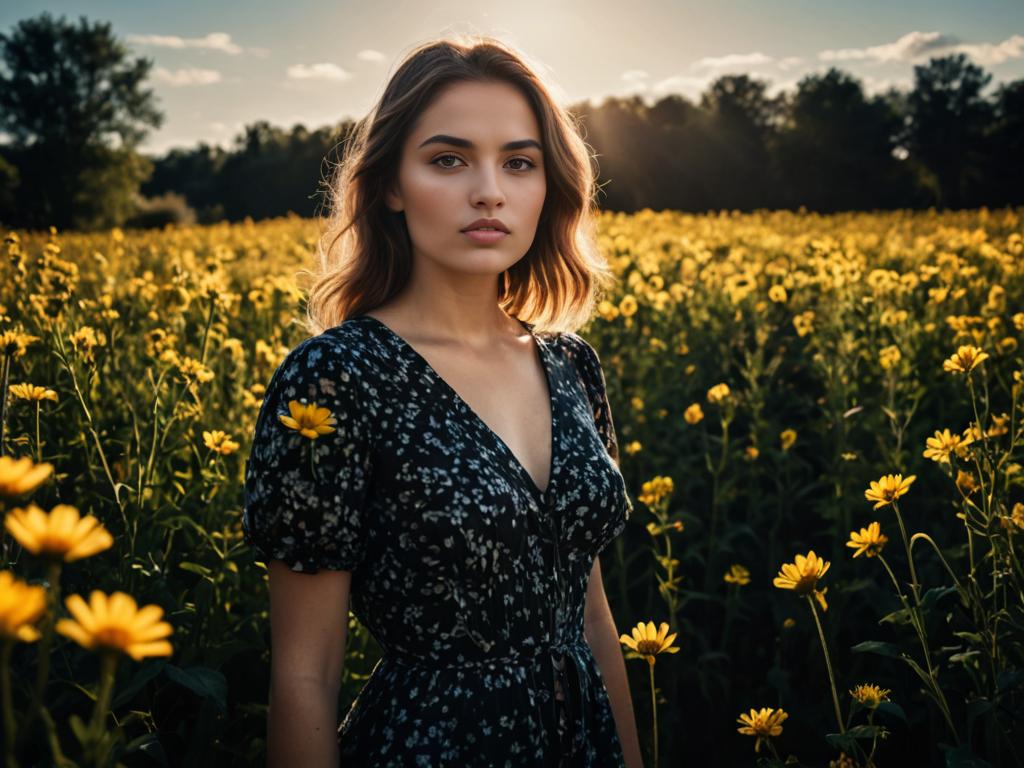 Young woman in yellow flower field at golden hour